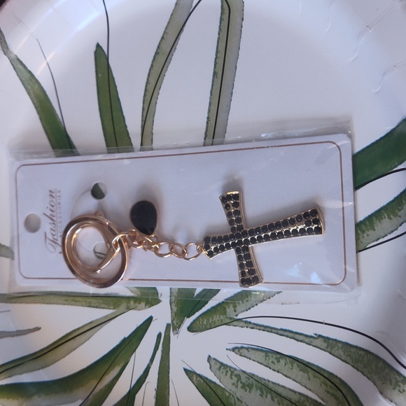 Fashion Accessories Cross Keychain  Beaded Black Gold Tone  Loop Tear Drop Style - Picture 1 of 2